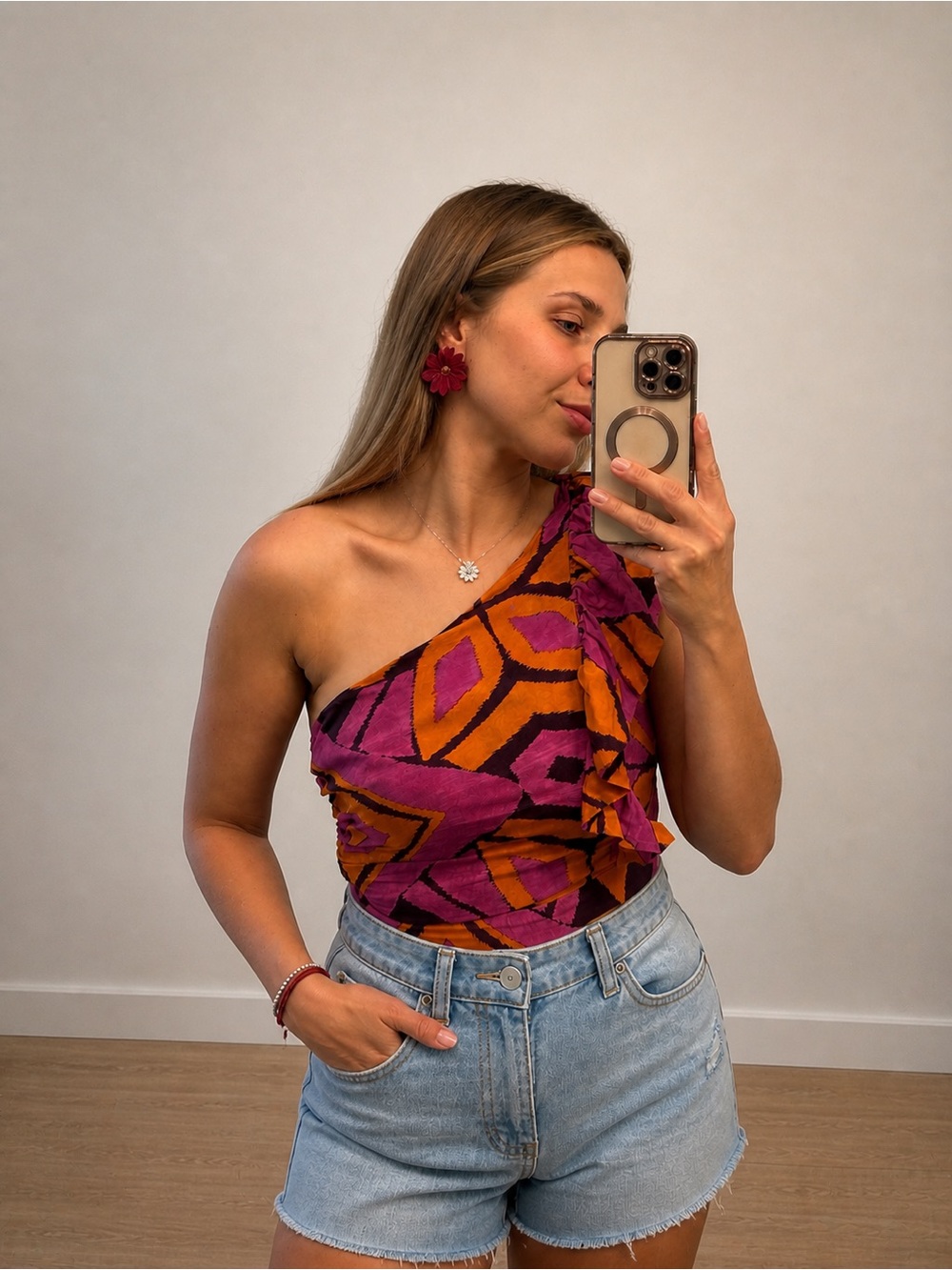 Zara One-Shoulder Geometric Print Top in Magenta, Orange & Dark Purple